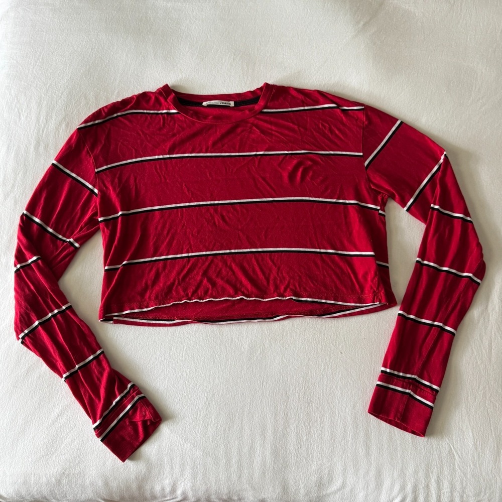 Reformation Chloe Cropped Long Sleeve Top S Red Striped Tencel Indie Parisian